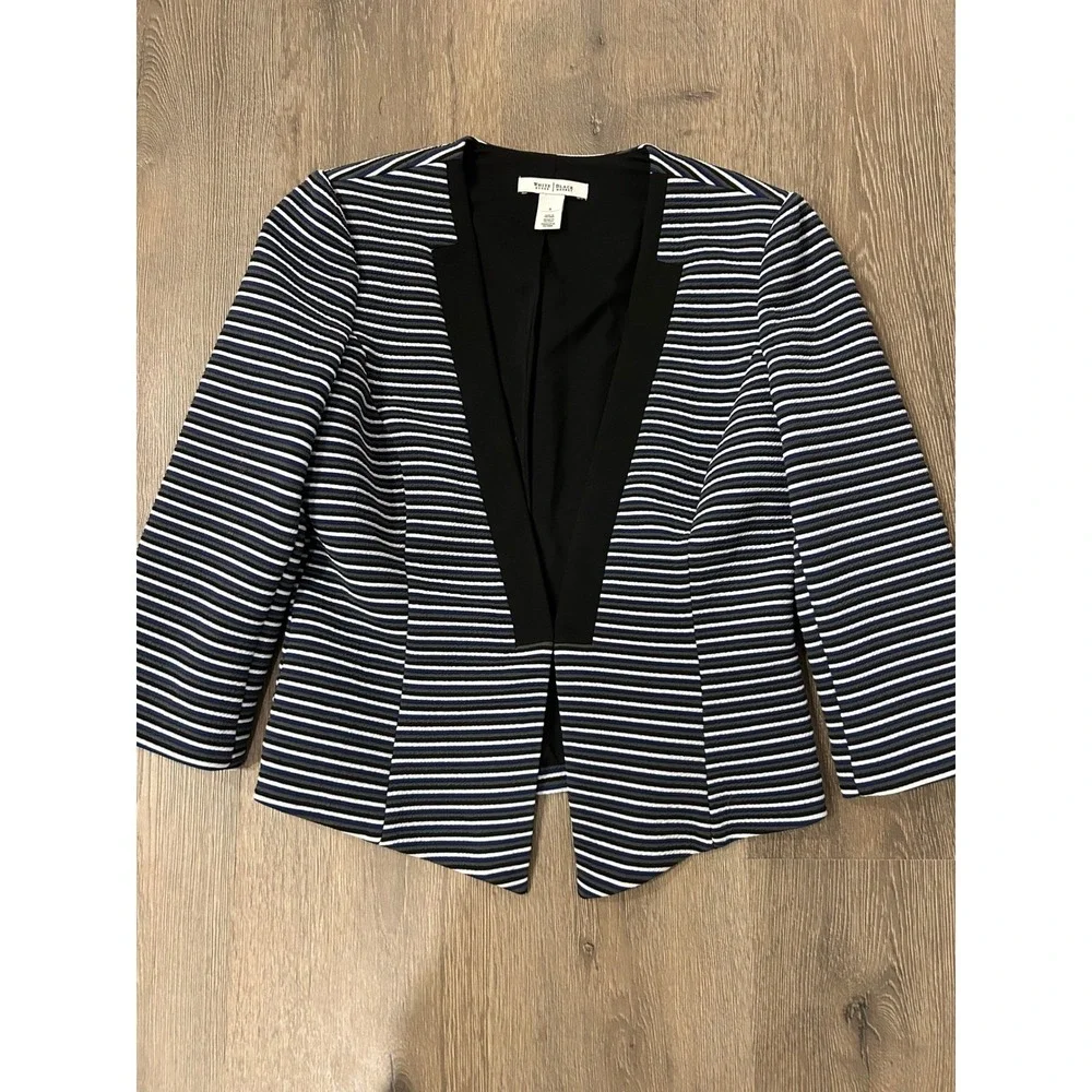White‎ House Black Market Striped Open Front Blazer Navy Blue Black White Size 6